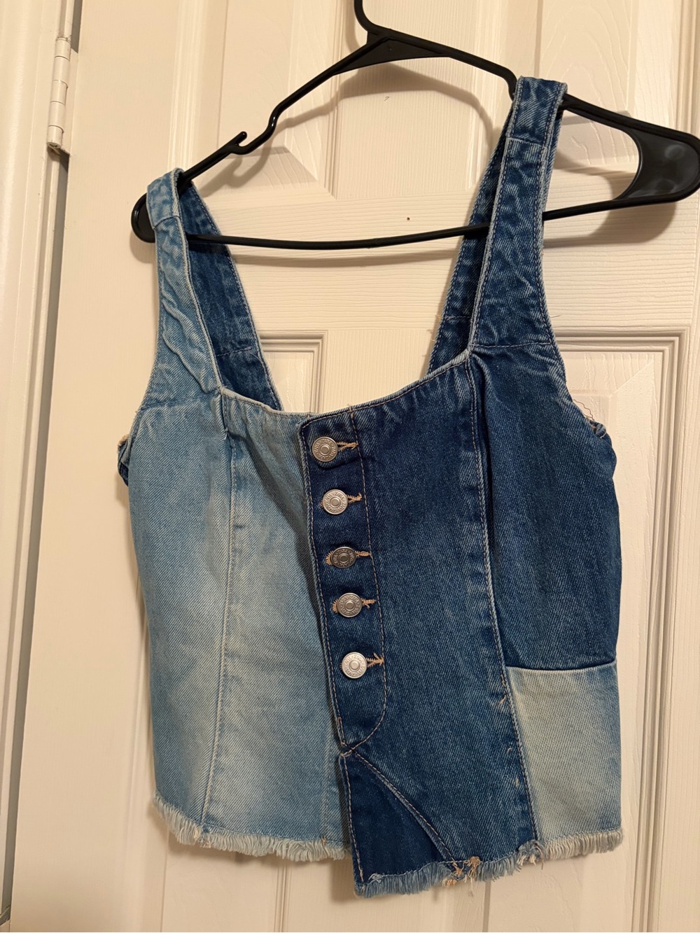 Zara-Patchwork Two-Tone Denim Crop Tank Top - Blue